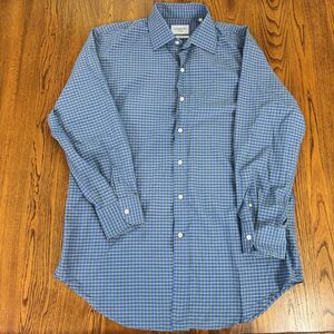 Ledbury Fine Shirting Long Sleeve Blue‎ Check Classic Fit Dress Shirt Size L